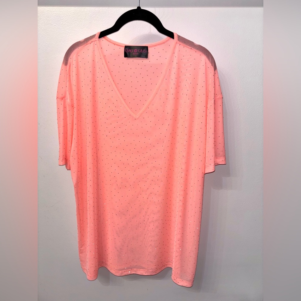 Peach Rhinestone V-Neck Short Sleeve Mesh Tee